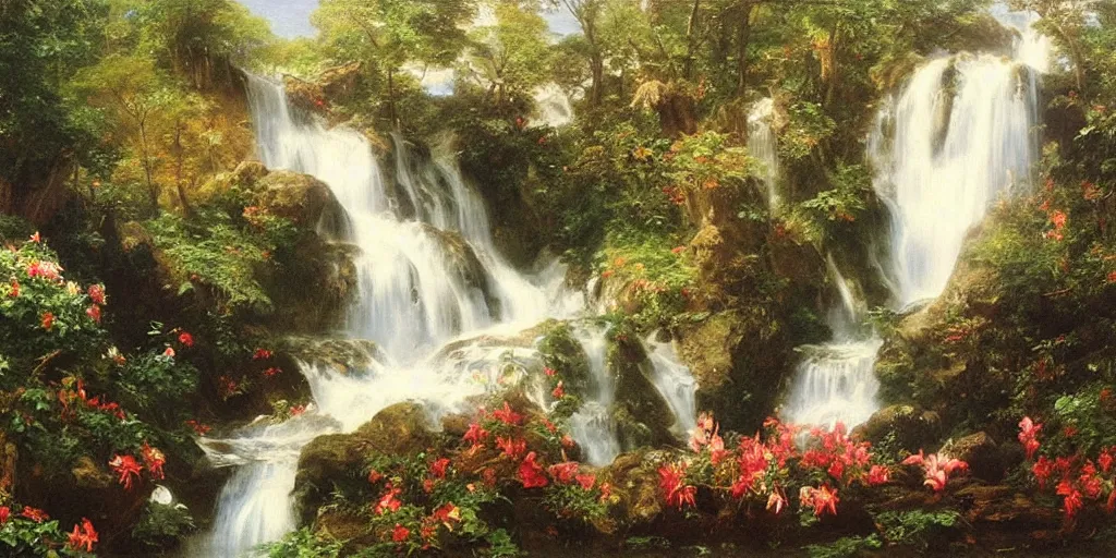 Image similar to scene of dreamlike cascading waterfalls, lilies, naturalistic art, by frederic edwin church,