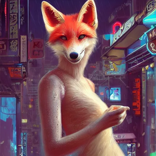 Image similar to furry anthropomorphic female vulpes vulpes fulva with white fur eating noodles by a noodle kiosk in the crowded street of a city, cyberpunk, rain, harsh neon lights, highly detailed, digital painting, trending on artstation, concept art, sharp focus, illustration, art by artgerm and greg rutkowski and magali villeneuve