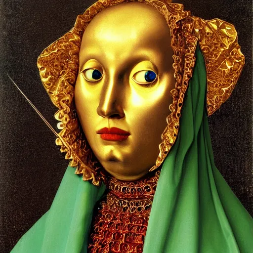 Image similar to a portrait of a shiny metallic renaissance robot, in the style of Jan van Eyck,