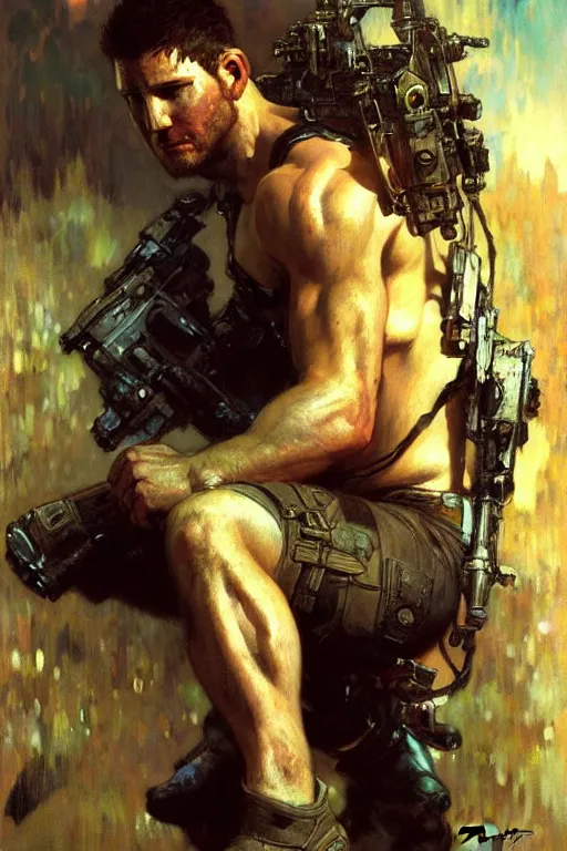 Image similar to chris redfield, attractive man, futurism, painting by gaston bussiere, craig mullins, greg rutkowski, alphonse mucha