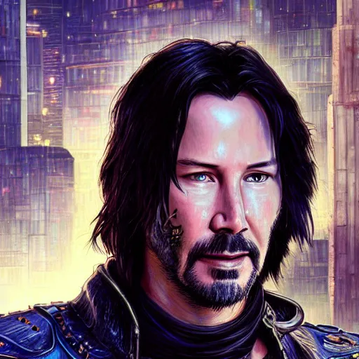 Image similar to closeup of Keanu Reeves in a cyberpunk city, film still, D&D, fantasy, intricate, elegant, highly detailed, digital painting, artstation, concept art, matte, sharp focus, illustration, hearthstone, art by Artgerm and Greg Rutkowski and Alphonse Mucha