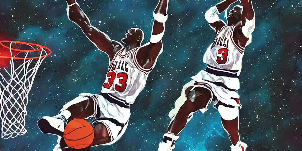 Prompt: digital painting of michael jordan dunking a basketball in space, by vincent di fate and takehiko inoue, highly detailed, science fiction, anime, ghost in the shell color scheme, masterpiece