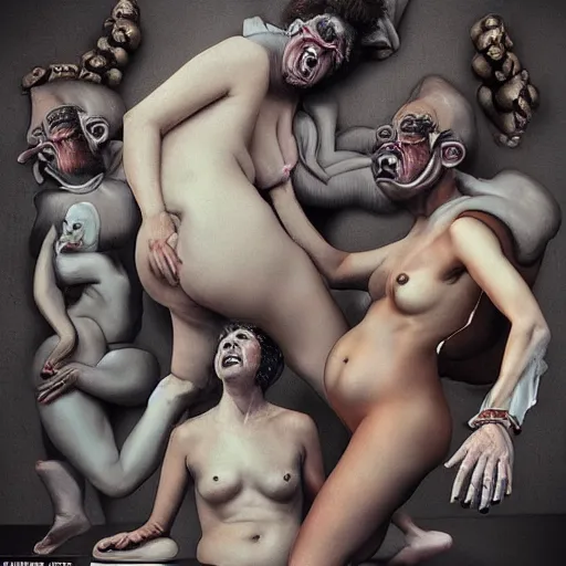 Image similar to the blasphemous caricature of the male and female body, hyperealistic detailed photography, divinity, awful, religious art