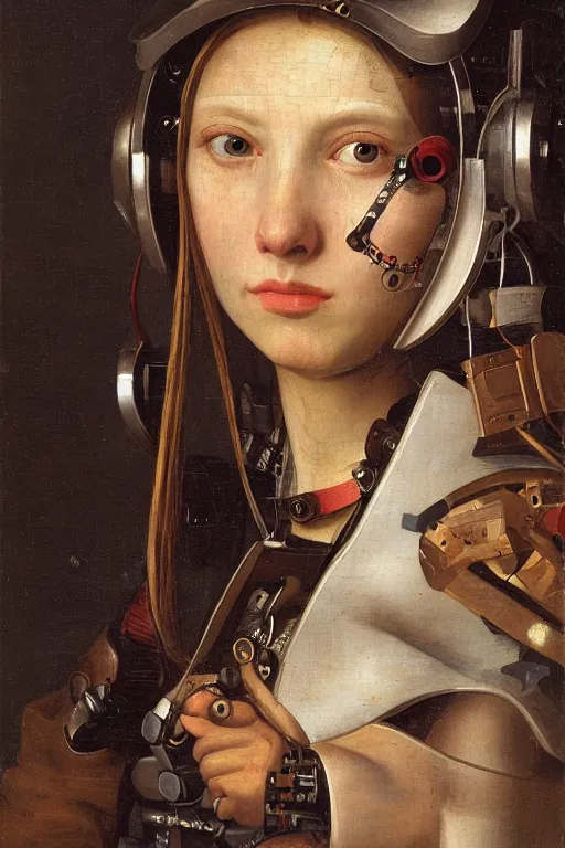 Image similar to a close - up portrait of a cyberpunk cyborg girl, by jan steen, rule of thirds