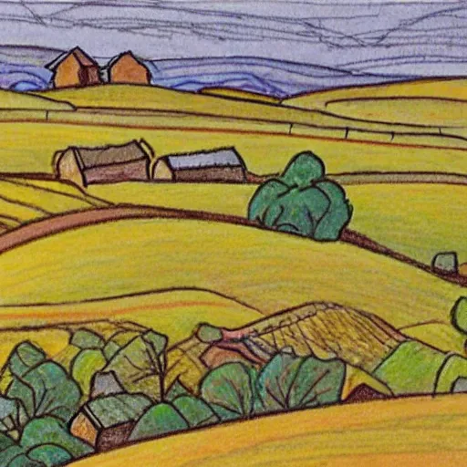 Image similar to This drawing captures the beauty of the countryside in all its simplicity. The rolling hills and fields are bathed in a warm, golden light, and the peaceful scene is punctuated by a few small houses and a winding road. The brushwork is loose and expressive, and the overall effect is one of serenity and calm. 1970s grainy vintage illustration, Mayan by Hiroshi Nagai, by Carlo Crivelli playful, improvisational