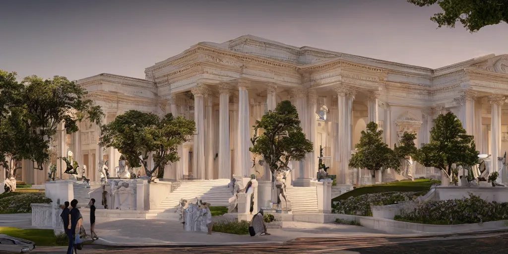 Prompt: 3d rendering of beautiful nature meets neoclassical architecture concept of a large city by Des Ewing Architects, volumetric lighting, luxury, high detail, 14mm, mix of red and white marbles and granite structures, some marble statues can be seen, cinematic photography, lots of space, low density, cg architects, featured in Open House magazine, high resolution