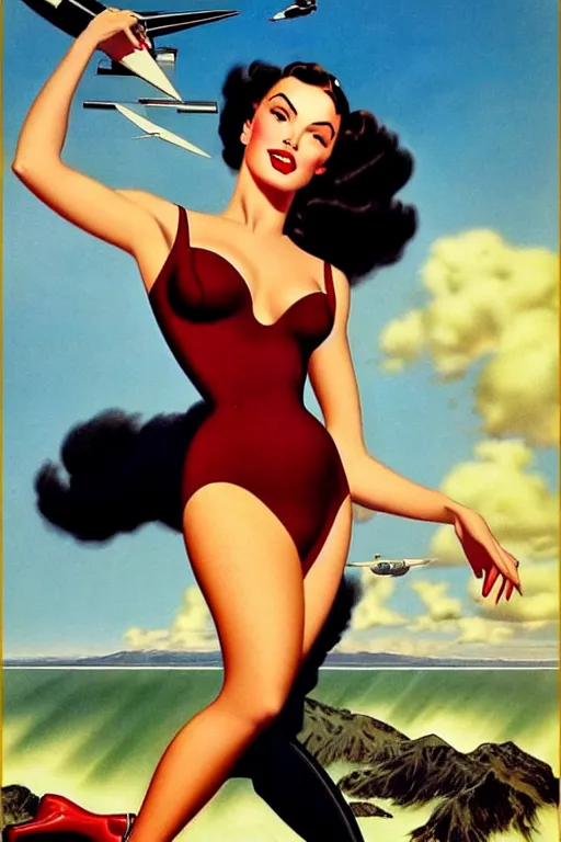Prompt: beautiful megan fox retro future varga girl, windblown dark hair, retro pinup model, seductive, 1 9 4 0, glamour pose, intricate, hyper detailed, digital art, smooth, sharp focus, alberto vargas, gil elvgren, greg rutkowski