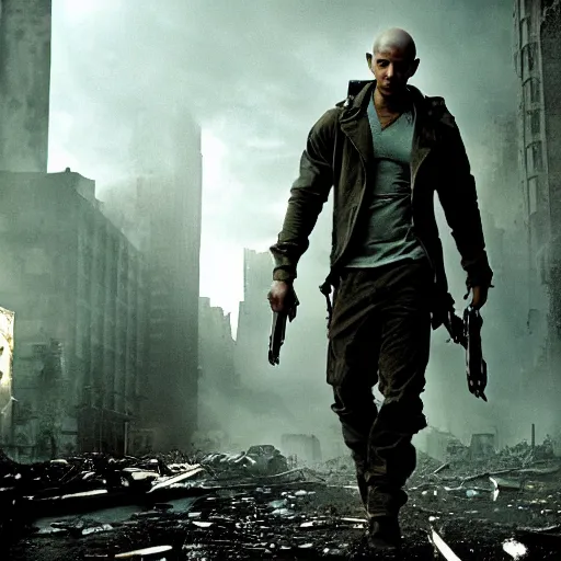 Image similar to Drake as Robert Neville in I Am Legend (2007), post apocalyptic city, environment 8k, ruins