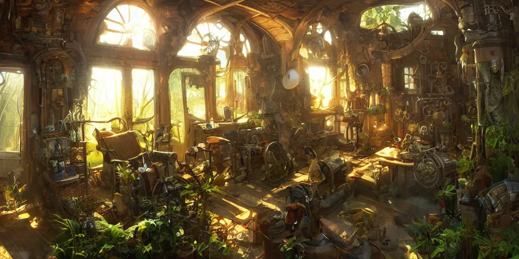 Prompt: interior of small house of an inventor, fantasy steamunk elements, barn, weird inventions, shining sun, river, magic, sunlight rays, with trees and plants around Darek Zabrocki, Karlkka, trending on Artstation, 8K