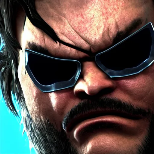 Image similar to Jack Black as a Metal Gear Solid Villain 2005 JRPG cinema 4d render, Ray tracing reflection, natural lighting, Unreal Engine award winning photography