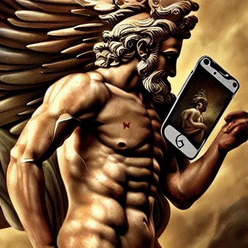 Image similar to an Ancient Greek god using an iPhone, epic, art, hyper detailed, cinematic, ethereal