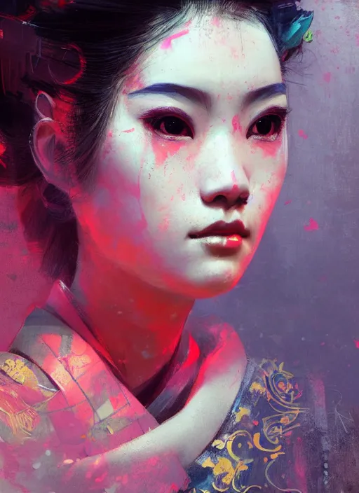 Image similar to female geisha girl, beautiful face, neon, rule of thirds, intricate outfit, spotlight, by greg rutkowski, by jeremy mann, digital painting