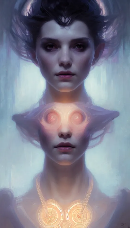 Image similar to symmetry!! portrait of a beautiful necromancer princess, sci - fi, glowing lights!! intricate, elegant, highly detailed, digital painting, artstation, concept art, smooth, sharp focus, illustration, ethereal, ominous, misty, by ruan jia and jeremy mann and alphonse mucha, 8 k