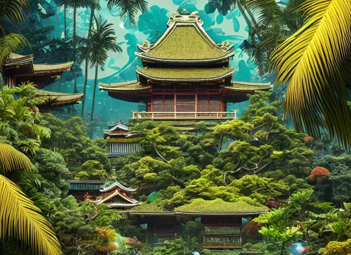 Image similar to overgrown tropical foliage overtaking many tall ornate japanese buildings, underwater environment, borealis, scenery, professional, award - winning, trending on artstation, hyper detailed, realistic, beautiful, emotional, shiny, golden, picture