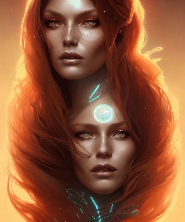 Image similar to futuristic woman portrait, sci-fi, amber eyes, face, long hair, fantasy, intricate, elegant, highly detailed, digital painting, artstation, concept art, smooth, sharp focus, illustration, art by artgerm and greg rutkowski and alphonse mucha