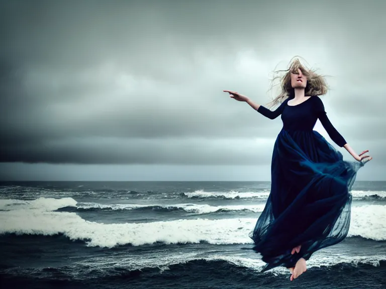 Prompt: cinestill 5 0 d photography portrait of a woman britt marling 3 / 4 style of nicholas fols, 2 0 0 mm, dress in voile, hair like dark clouds, hair floating on air, head in focus, mute dramatic colours, soft blur outdoor stormy sea background, volumetric lighting, hyper detailed, hyper realistic