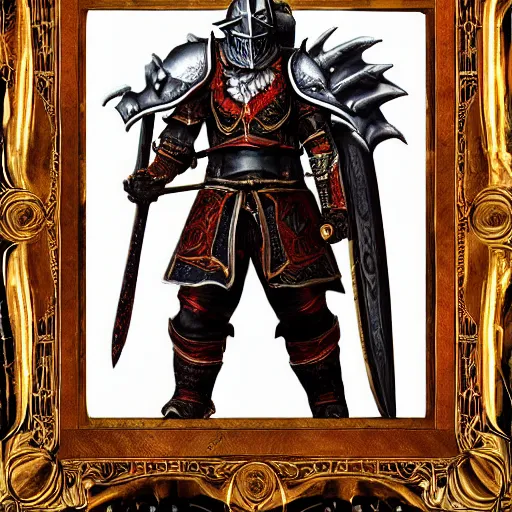 Image similar to three - ply portrait the great death knight dark souls in golden red armor made of polished dragon bones looks relaxed, quantum physics, victorian era