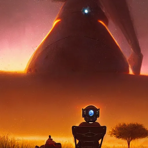 Image similar to a cyberpunk mursi elder sitting in a field watching a meteor shower with his hoverbike in the foreground by greg rutkowski and android jones in a cyberpunk style, oil on canvas, 8k, afrofuturism