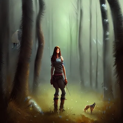 Image similar to a pretty girl surrounded by wolves, in the woods, digital painting, photorealistic, in the style of greg rutkowski, full body, detailed face, cinematic