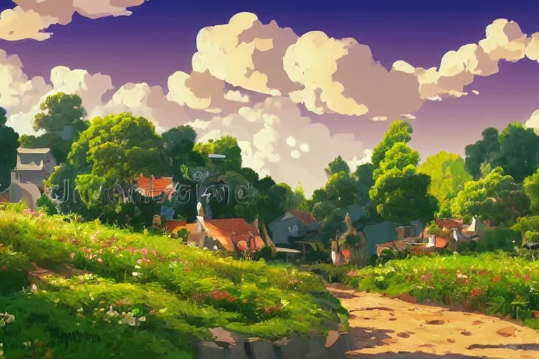 Prompt: a beautiful landscape of a tiny futuristic village in the french countryside during spring season, painting by studio ghibli hd and albert bierstadt hd and vector illustration touch, nice spring afternoon lighting, smooth tiny details, soft and clear shadows, low contrast, perfect