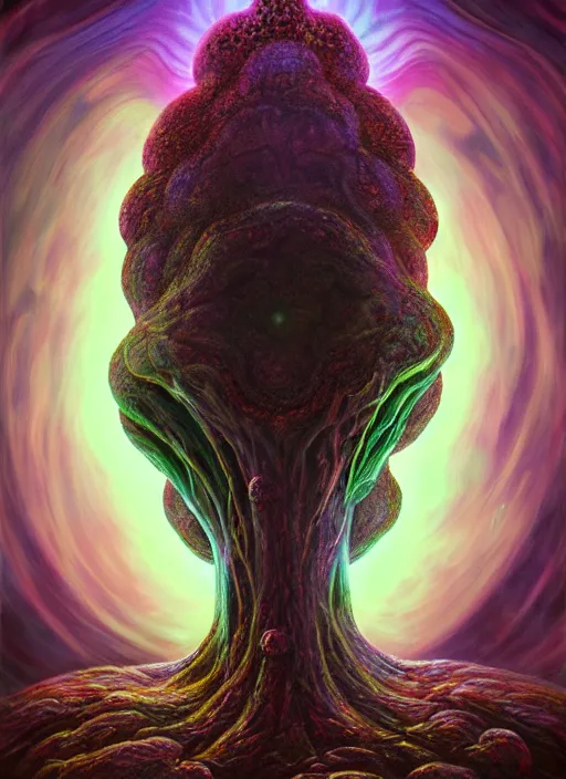 Image similar to enormous mushroom deity of the stars resides inside void manifold, mycelium forms quantum foam, fractal of scary dirac equations, portrait by ross tran, timeline nexus, ascending universes, a dnd illustration of esoteric concept by cgsociety and james gurney, artstation, hdr, rtx, iridescent wise mushroom deity