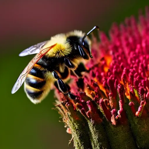 Image similar to a bee trying to reach a flower in a forest on fire, there is fire everywhere, macro photography, ambient light