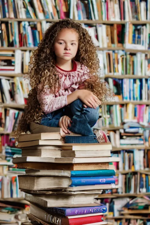 Image similar to a little girl with wavy curly light brown hair sits on a tall pile of books.