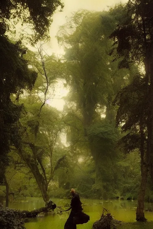 Image similar to zeus walks in dark gardens beside a small pond, misty, stately home visible in distance through trees, ruan jia, lawrence alma tadema, zdzislaw beksinski, carl spitzweg, everett raymond kinstler, norman rockwell