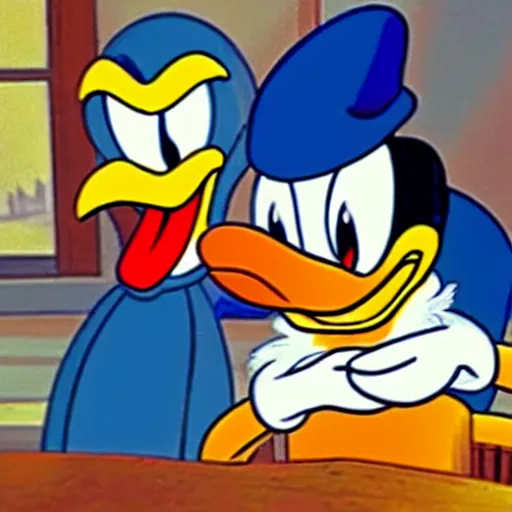 Prompt: Donald Duck invites Scrooge McDuck to dine in a very fancy restaurant