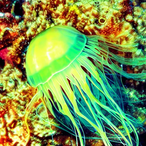 Prompt: underwater photograph of a jellyfish on shallow waters, strange, hyper detailed, fractal, mutant, tendrils, tentacles, glowing, tropical, crystal waters, reef