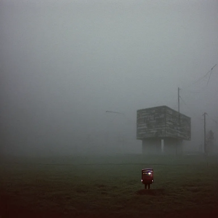 Image similar to a sole angular lanky liminal observer droid, in a brutalist yet rural landscape by simon stalenhag, 3 5 mm film photography, dawn, eerie fog