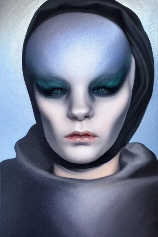 Image similar to hyperrealism oil painting, close - up portrait of albino medieval fashion model, black silk, steel gradient mixed with nebula sky, in style of baroque