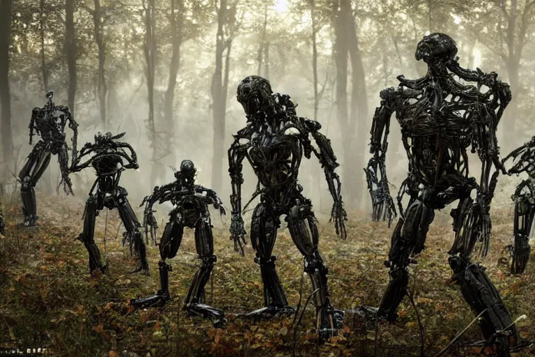 Prompt: 1 0 0 0 0 humanoid robots fighting in the forest, hyper realistic, ambient lighting, concept art, intricate, hyper detailed, smooth, dynamic volumetric lighting, octane, raytrace, cinematic, high quality, high resolution, 4 k, cgsociety, rutkowski, gurney, h. r. giger!!!