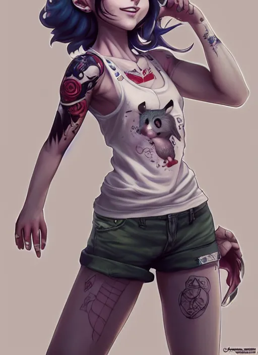 Image similar to character portrait of a female humanoid opossum fursona wearing a tanktop and shorts with arm tattoos. Character design by charlie bowater, ross tran, artgerm, and makoto shinkai, detailed, inked, western comic book art