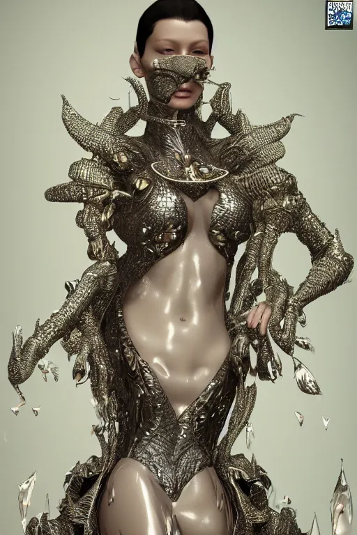 Image similar to a highly detailed 3 d render painting of a beautiful alien goddess bella hadid in iris van herpen dress schiaparelli in diamonds in style of alphonse mucha trending on artstation made in unreal engine 4