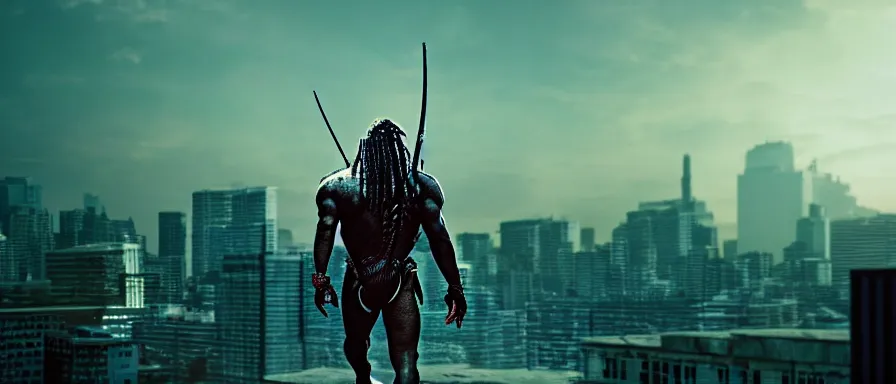 Prompt: predator from movie standing on rooftop , epic view, high quality image, CG graphics, long shot, denoise, deep depth of field, cinematic lighting