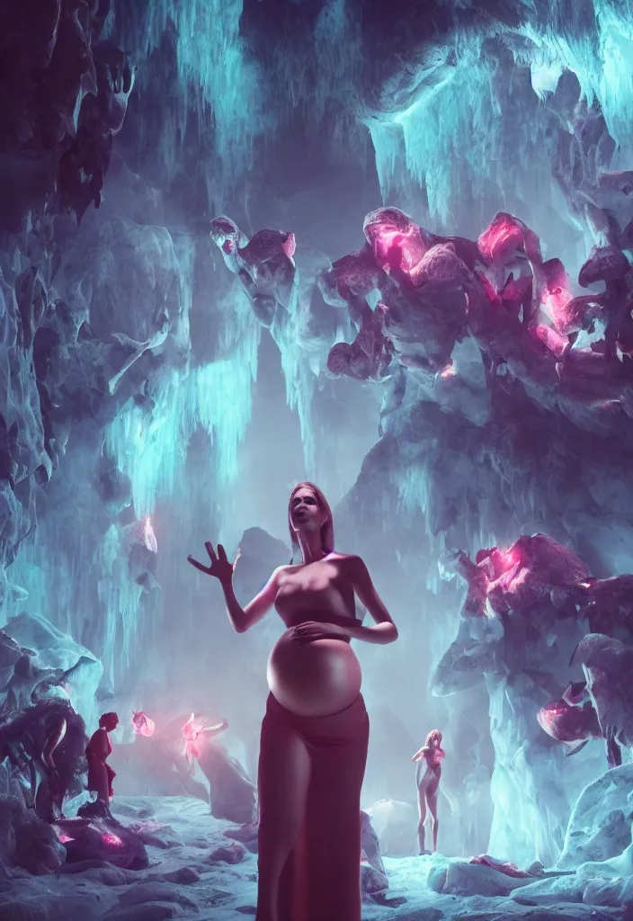 Prompt: epic leader pregnant woman talking to all her tribe with futuristic fluorescence mutant veins, proud people looking at the pregnant woman, ice cave, facinating, fantasy digital art, octane render, beautiful composition, trending on artstation, coherent, masterpiece