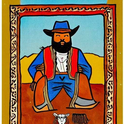 Prompt: scruffy cowboy sitting cross legged, persian folkore artstyle, calligraphy border