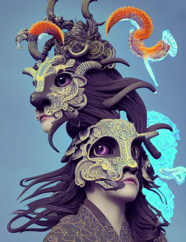 Image similar to 3 d goddess close - up profile solarpunk portrait ram skull. beautiful intricately detailed japanese crow kitsune mask and clasical japanese kimono. betta fish, jellyfish phoenix, bio luminescent, plasma, ice, water, wind, creature, artwork by tooth wu and wlop and beeple and greg rutkowski