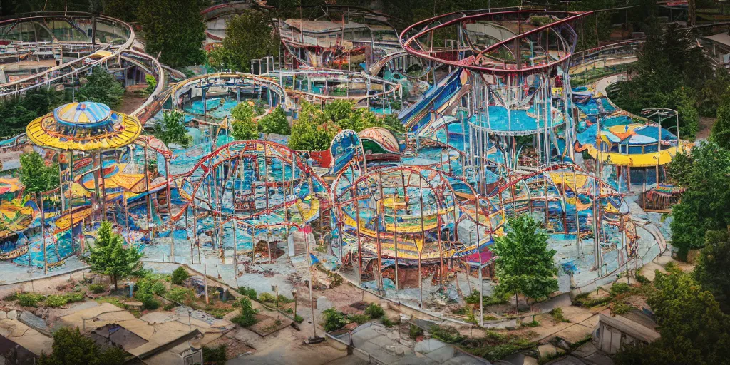 Image similar to Aerial Photo of nostalgic abandoned amusement park, photo realistic, isometric, tilt shift, bokeh, award winning, trending, 8k, HD