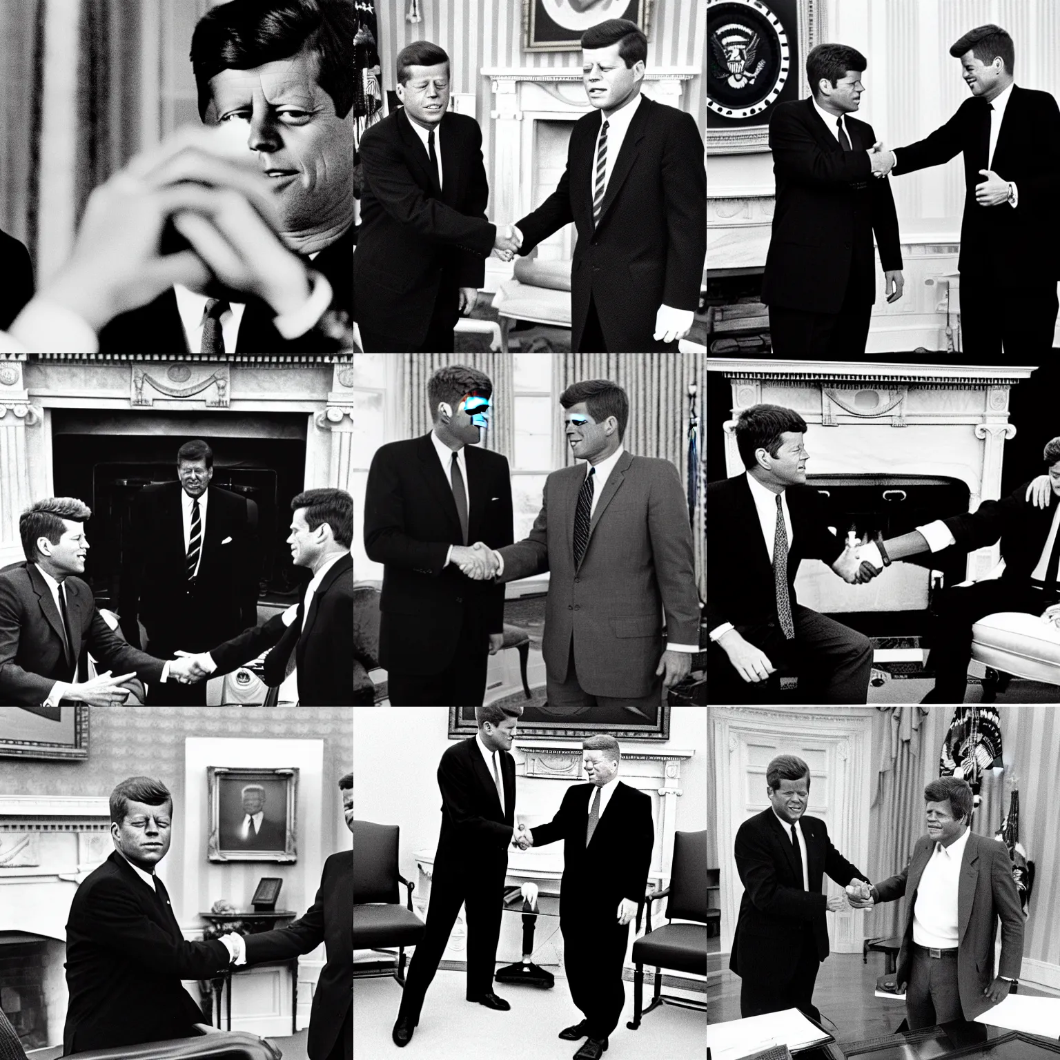 Prompt: John F. Kennedy and The Terminator (1991) doing a handshake in the White House oval office 1960, monochrome, instagram, trending, photograph, film grain and noise