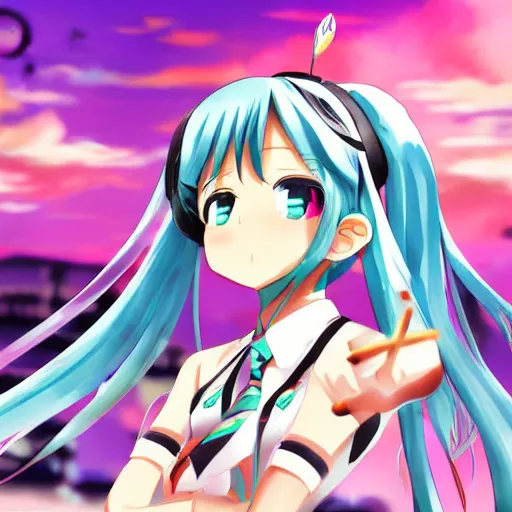 Image similar to Hatsune Miku in anime style cooking in the beach, high quality, pixiv