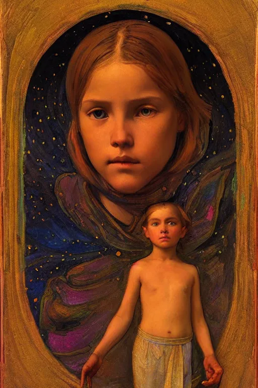 Image similar to the starry child, by Annie Swynnerton and Nicholas Roerich, elaborately costumed, rich color, dramatic cinematic lighting, smooth, sharp focus, extremely detailed