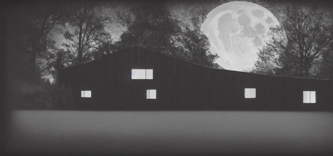 Prompt: modern house in the wood, big moon, artwork by William Blake, night, pinhole analogue photo quality, monochrome, blur, unfocus, cinematic, 35mm