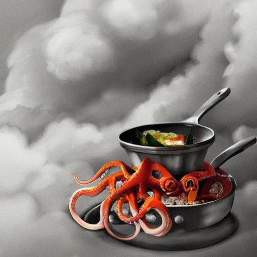 Image similar to octopus cooking soup among clouds, stirring a pot with a ladle and cutting vegetables, fantasy illustration, trending on artstation, deviantart, very realistic, 4k