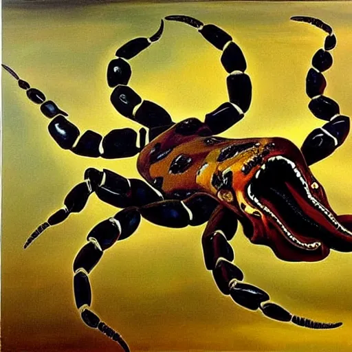 Image similar to hybrid of a scorpion and a jaguar. hyper realism painting by salvador dali and jackson pollock. 3 d depth and sense of scale