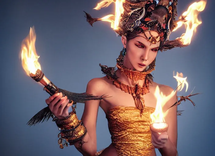 Image similar to studio portrait of a graceful fire dancer holding blow torches, fantasy, absurdly beautiful, wearing an elegant tribal outfit,, ultrafine hyperrealistic detailed face illustration by kim jung gi, irakli nadar, ultra realistic, final fantasy, 4 k, movie still, uhd, sharp, detailed, cinematic, render, modern