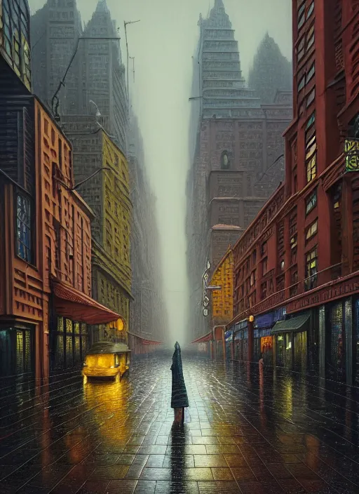 Image similar to hyper detailed 3d render like a Oil painting - the rainy city, by Jacek Yerka, Mariusz Lewandowski, Houdini algorithmic generative render, Abstract brush strokes, Masterpiece, Edward Hopper and James Gilleard, Zdzislaw Beksinski, Mark Ryden, Wolfgang Lettl, hints of Yayoi Kasuma, octane render, 8k