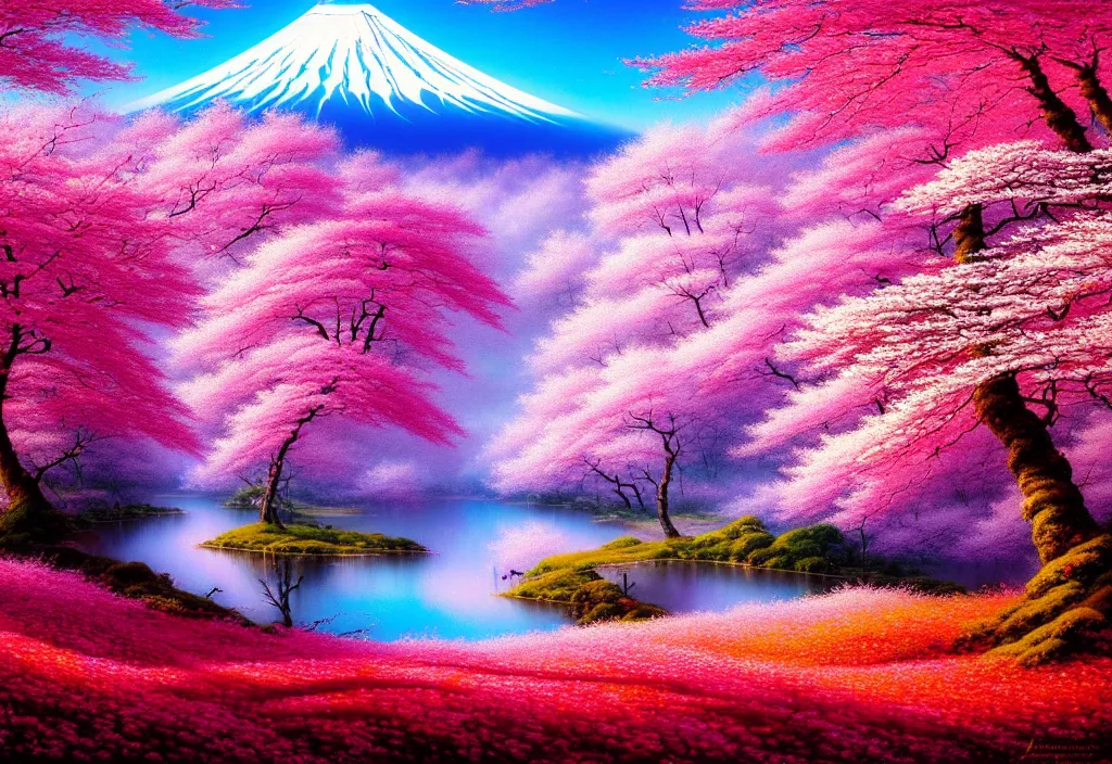 Prompt: a real photographic landscape painting with incomparable reality, wide angle, in forest, flowers, cherry blossom tree in full bloom, bright style, mount fuji, clearing, john howe, magnificent, artstation