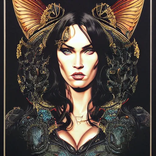 Image similar to portrait of megan fox wearing venetian mask, symmetrical, by yoichi hatakenaka, masamune shirow, moebius and dan mumford, ayami kojima, takato yamamoto, barclay shaw, karol bak, yukito kishiro